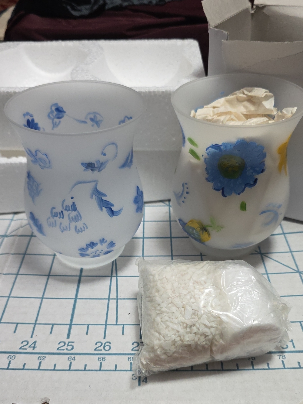 Hallmark Frosted Glass Floral Votive Pair in Blue & Yellow, NWOT, In Box